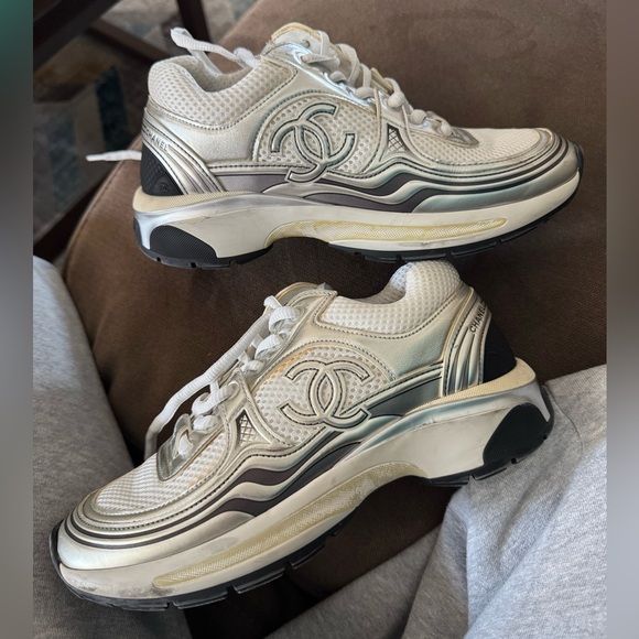 CHANEL Cream and Silver Athletic Sneakers - Picture 1 of 2